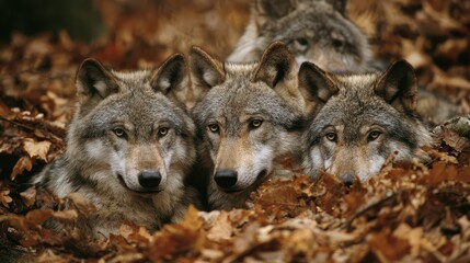 Fototapeta premium Closeup of a Group of Four Wolves in Leaves - Canis Lupus Pack in Natural Habitat