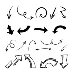 Obraz premium Set of various hand-drawn black vector arrows featuring different styles including thin curved lines, bold directional pointers, and 3D comic-style sketches, isolated on a white background