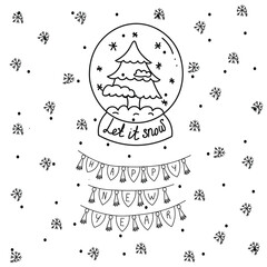 Doodle Style Illustration with Snow Globe and Happy New Year Title
