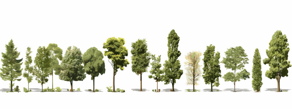 High-quality collection of realistic trees in various shapes and sizes, including pine, oak, and cypress, arranged in a row and isolated on a white background with shadows, perfect for architectural 