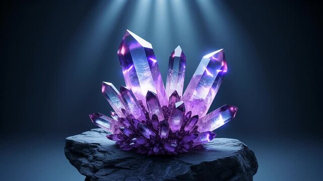 Sparkling purple jabali crystal cluster on dark rocky base closeup