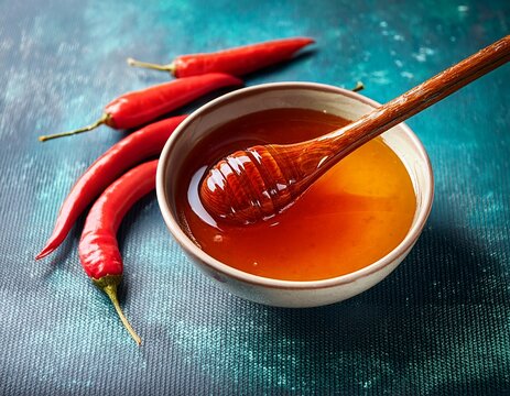 a bowl of hot honey with wooden spoon red chili peppers on a table copy space spicy sweet food concept