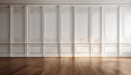 white wall with classic style moldings and wooden floor empty room minimalist interior background presentation