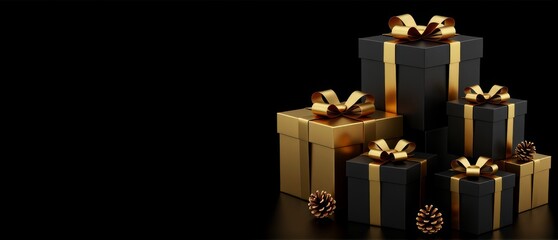 Black and gold gift boxes stacked with bows and pine cones on a dark background with copy space