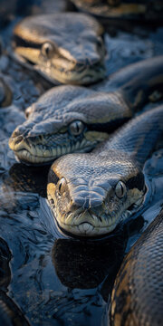 Close-up of multiple greenish, striped anacondas in watery environment, looking directly at camera through phone screen - AI-Generated