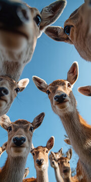 Phone wallpaper of a group of deer, curiously gazing at the screen, with one deers gaze directed off-frame A captivating wildlife scene, focal point on a top-left deer Other deer sca - AI-Generated