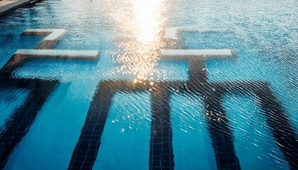 the water is calm and clear reflecting the sunlight spa water wellness fitness background with copy space