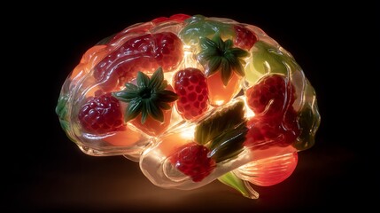 Translucent brain filled with strawberry, raspberry, and leafy decorations