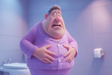 Cartoonish Middle-Aged Man Shows Discomfort in Bathroom While Wearing Purple Pajamas