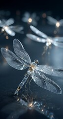 Translucent dragonflies with glowing accents flutter above a dark reflective surface