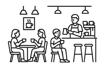 Fototapeta premium Customers relaxing with hot beverages at modern cafe counter and tables