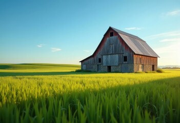 Charming Rustic Barn Nestled in Lush Rolling Fields Under a Clear Blue Sky