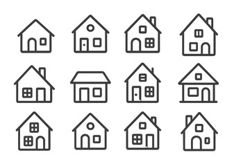 Fototapeta premium Set of twelve simple outline icons representing various residential house shapes