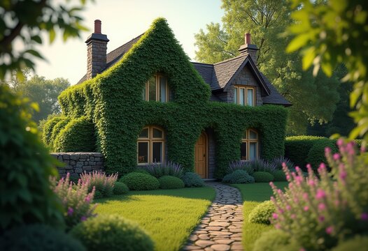 Charming Ivy-Covered Stone Cottage Enveloped in Greenery Quaint Retreat in Nature Harmony