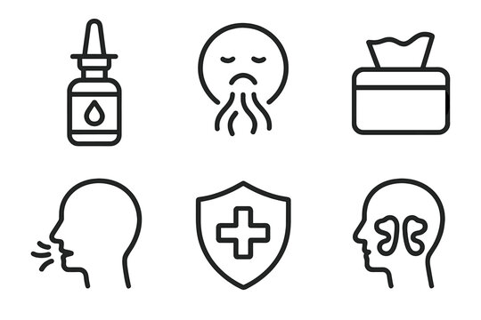 Collection of icons depicting common cold, flu, and allergy symptoms and remedies