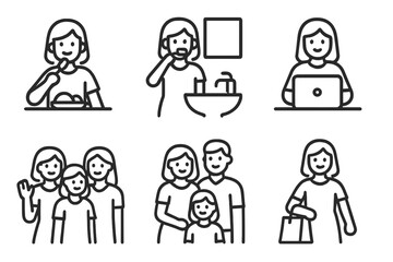 Fototapeta premium Collection of minimalist line icons representing common daily life activities and family units
