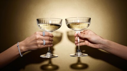 Two hands holding champagne glasses with golden background and sparkling rings on fingers