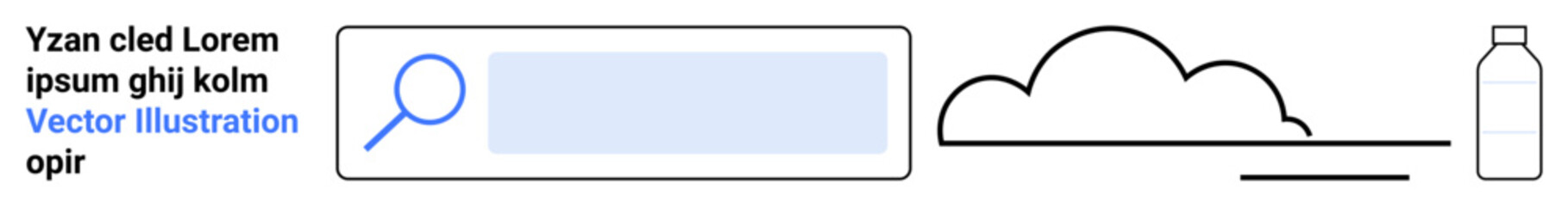 Obraz premium Digital tools, search engines, user interface, cloud computing, eco-friendly design, minimalism. Magnifying glass on search box, cloud shape and bottle icon. Search engines and cloud computing