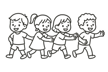 Four happy children following each other in a line holding hands