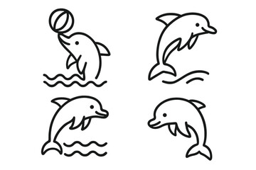 Naklejka premium Four cute dolphin icons jumping and playing in ocean waves