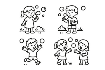 Naklejka premium Happy children playing with soap bubbles outdoors in simple line art style