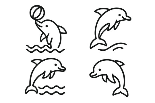 Four cute dolphin icons jumping and playing in ocean waves