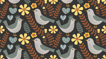 Whimsical illustration of birds and flowers on dark background