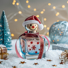 Festive snowman bottle with red hat and decorations on snowy background  