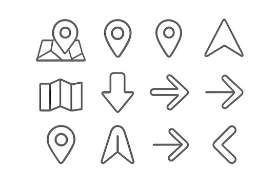 Set of outline icons for navigation map pointers and location markers