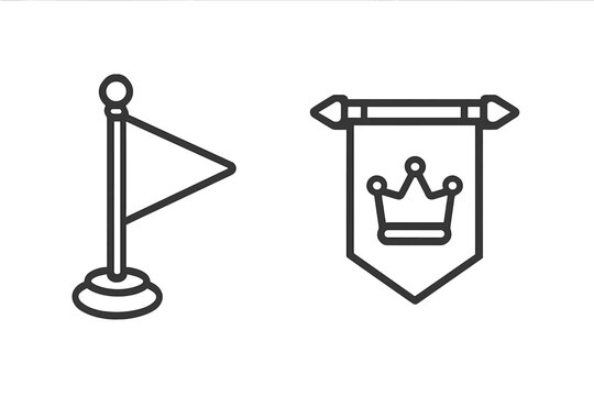 Simple outline icons of flag and royal banner with crown symbol