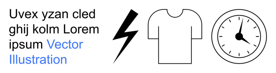 Branding, time management, product design, visual elements, simple illustrations, creative ideas. Lightning bolt, t-shirt and clock icons in clear black outlines. Branding and time management tools