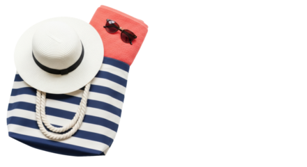 high-key studio shot of a striped navy canvas tote, wide straw hat, coral towel, and tortoiseshell sunglasses on a transparent background. concept of summer holiday essentials