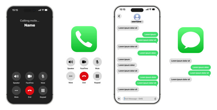 Apple iOS Phone and Messages interface displaying incoming call screen keypad controls iMessage chat bubbles delivery status and clean system communication layout