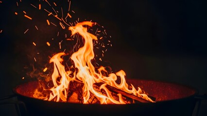 Bright orange wood fire burning intensely with glowing embers and rising sparks in a dark metal fire pit or grill outdoors at night