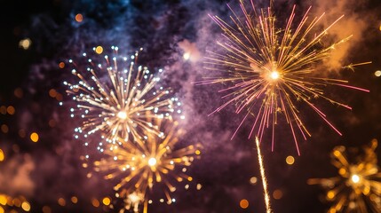 Fototapeta premium Vibrant Fireworks Display with Sparkling Gold, Purple, and White Explosions