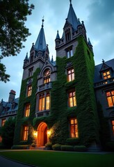 Fototapeta premium Neogothic Ivy-Covered University Building Majestic Towers Lush Greenery Timeless Design