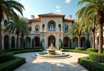 Obraz premium Opulent Mansion with Lush Manicured Garden Spectacular Palm Trees Decorative Fountain