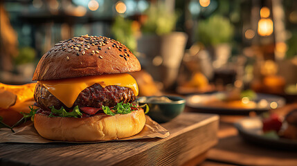 A mouth-watering cheeseburger with lettuce and tomato, set against a warm, inviting background filled with bokeh lights.
