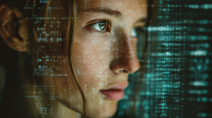 Digital Dreamer: A young person gazing thoughtfully at a vibrant display of digital data, embodying the intersection of youth and future of technology