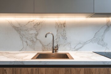 Contemporary kitchen workspace featuring natural stone surfaces and integrated illumination
