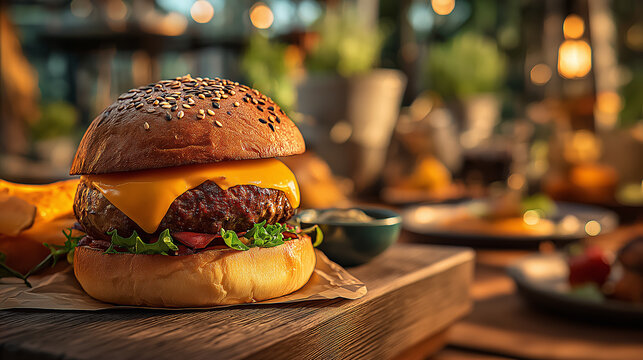 A mouth-watering cheeseburger with lettuce and tomato, set against a warm, inviting background filled with bokeh lights.