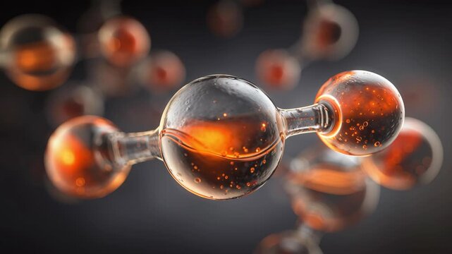 Molecular Structure: A translucent molecular structure with orange liquid inside, against a dark background, showcasing connections and scientific concepts. Detailed scientific visuals.