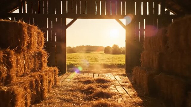 Rustic barn interior filled with stacked hay bales bathed in warm golden light from an outdoor field at sunset or sunrise