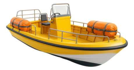 Open-deck rescue boat equipped with visible life rafts.