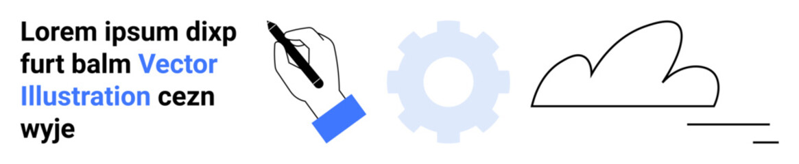 Creativity, technology, brainstorming, innovation, digital design, cloud computing. A pen drawing, gear symbol and cloud illustration. Creativity and technology concept for design and computing