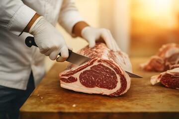 Professional butcher slicing raw beef ribeye on a wooden cutting board demonstrating expert craftsmanship premium meat handling and culinary precision
