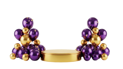 Purple and gold balloons twisted into animal shapes isolated on transparent background