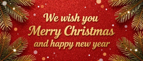 Red glitter background with golden text and green pine branches on top and bottom edges