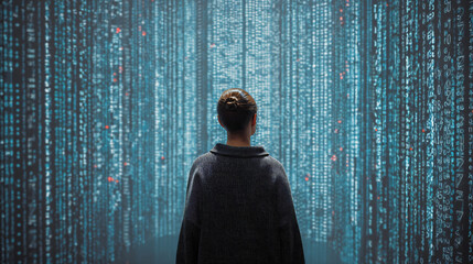 Contemplative Explorer in Digital Labyrinth: A figure stands amidst a towering array of data streams, lost in contemplation as they explore the vast digital world.