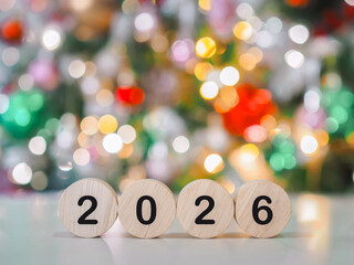 Close up of number 2025 and Christmas decorations with Christmas light background. Merry Christmas 2025